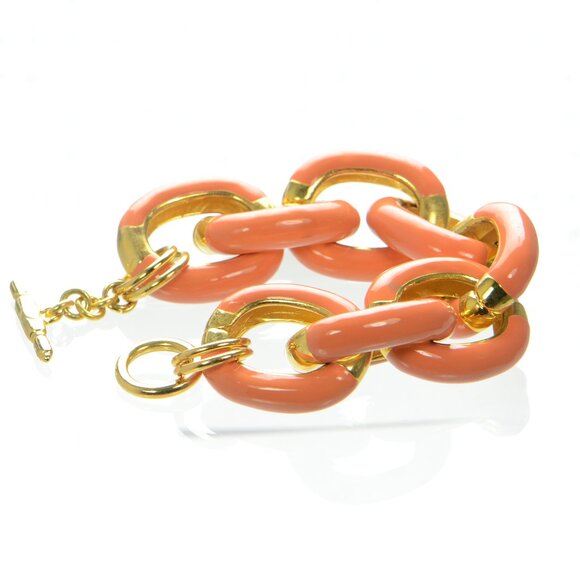 Kenneth Jay Lane KJL Polished Gold & Coral Enamel Chunky Link Bracelet - Picture 2 of 4